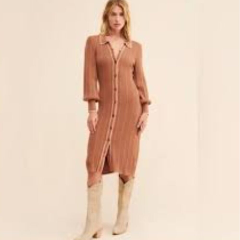 Sancia Amalie Knit Sweater Dress XS Brown Light Peach Trim Ribbed Button Front